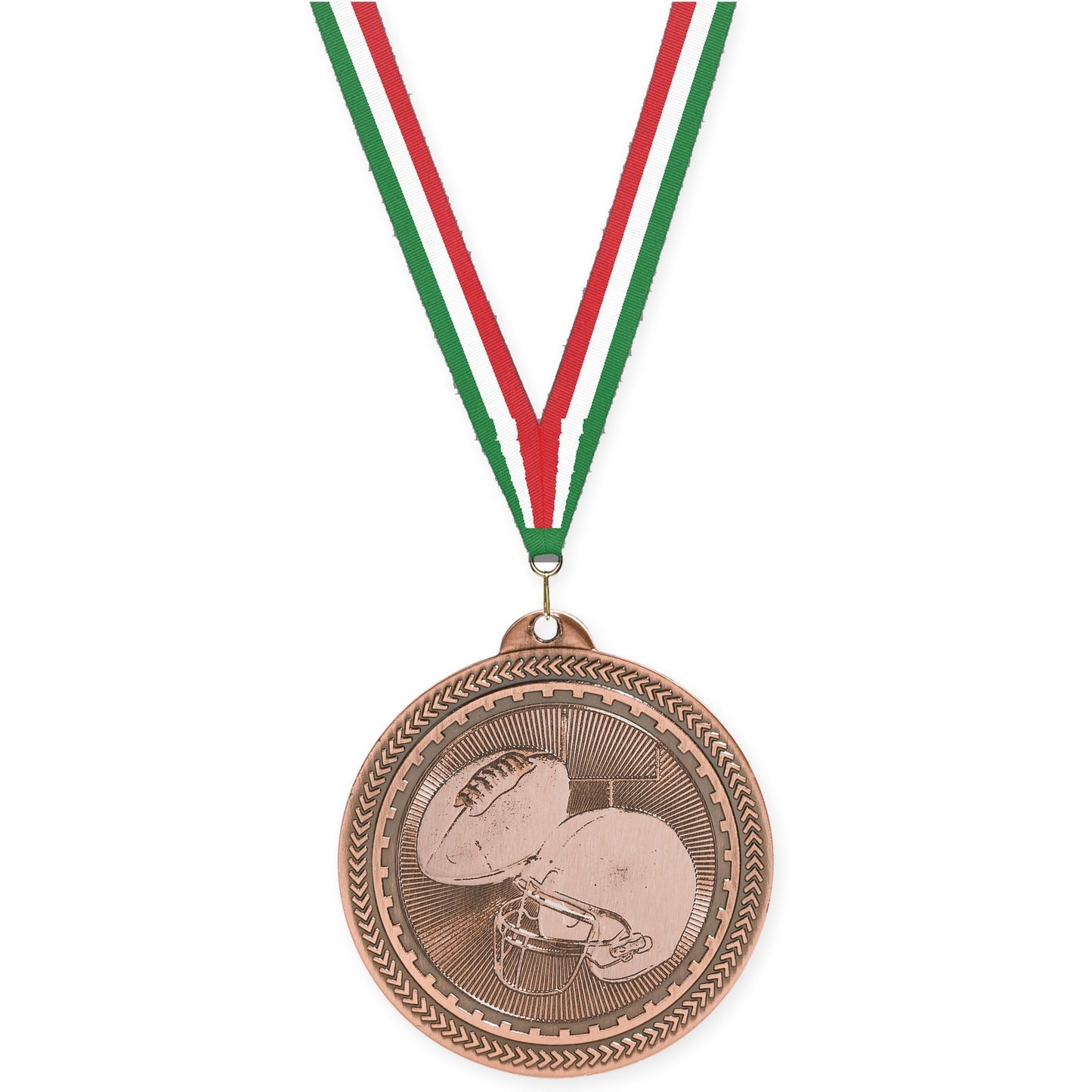2 inch football Sunburst medal in antique bronze with Green White Red neck ribbon