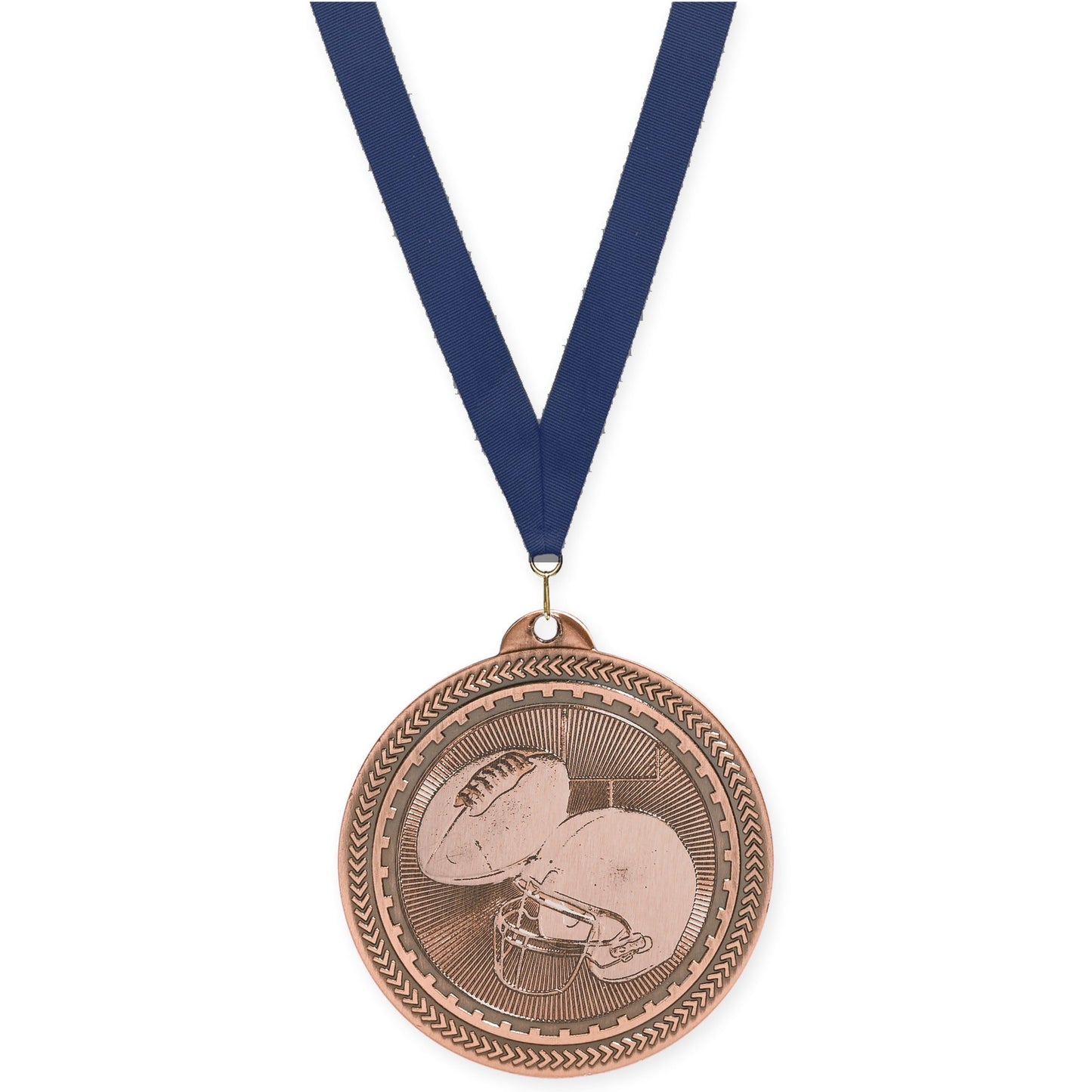 2 inch football Sunburst medal in antique bronze with Navy neck ribbon