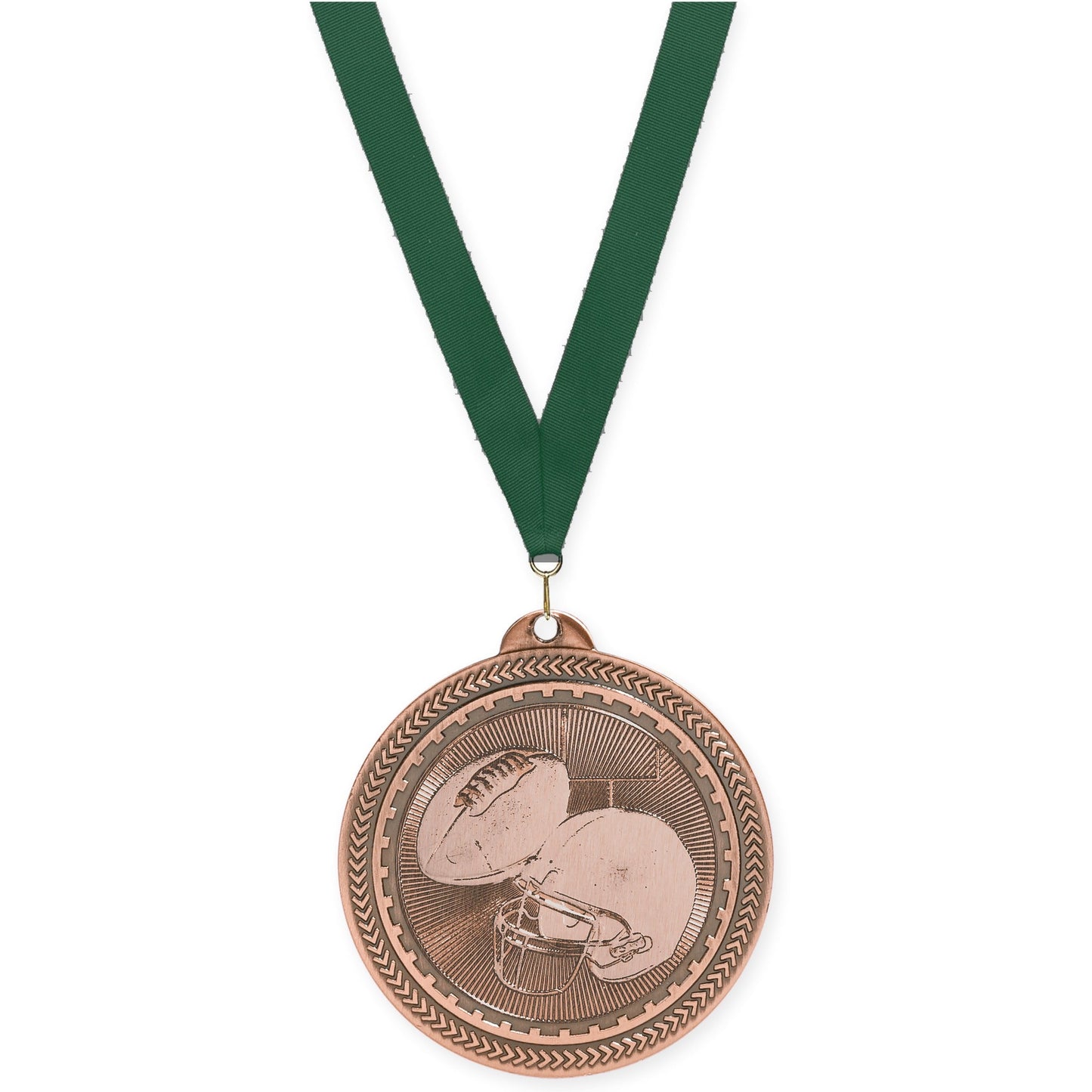 2 inch football Sunburst medal in antique bronze with Hunter Green neck ribbon