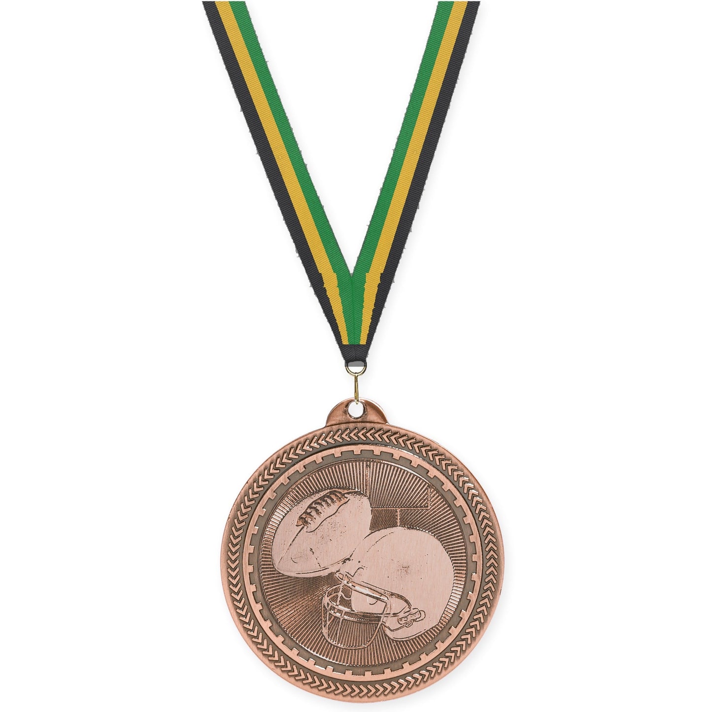 2 inch football Sunburst medal in antique bronze with Black Gold Green neck ribbon