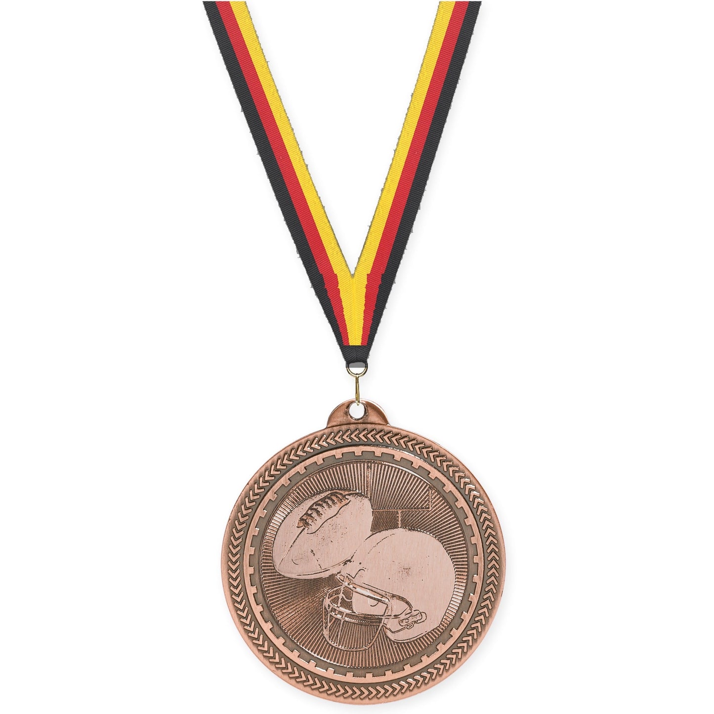 2 inch football Sunburst medal in antique bronze with Black Red Yellow neck ribbon