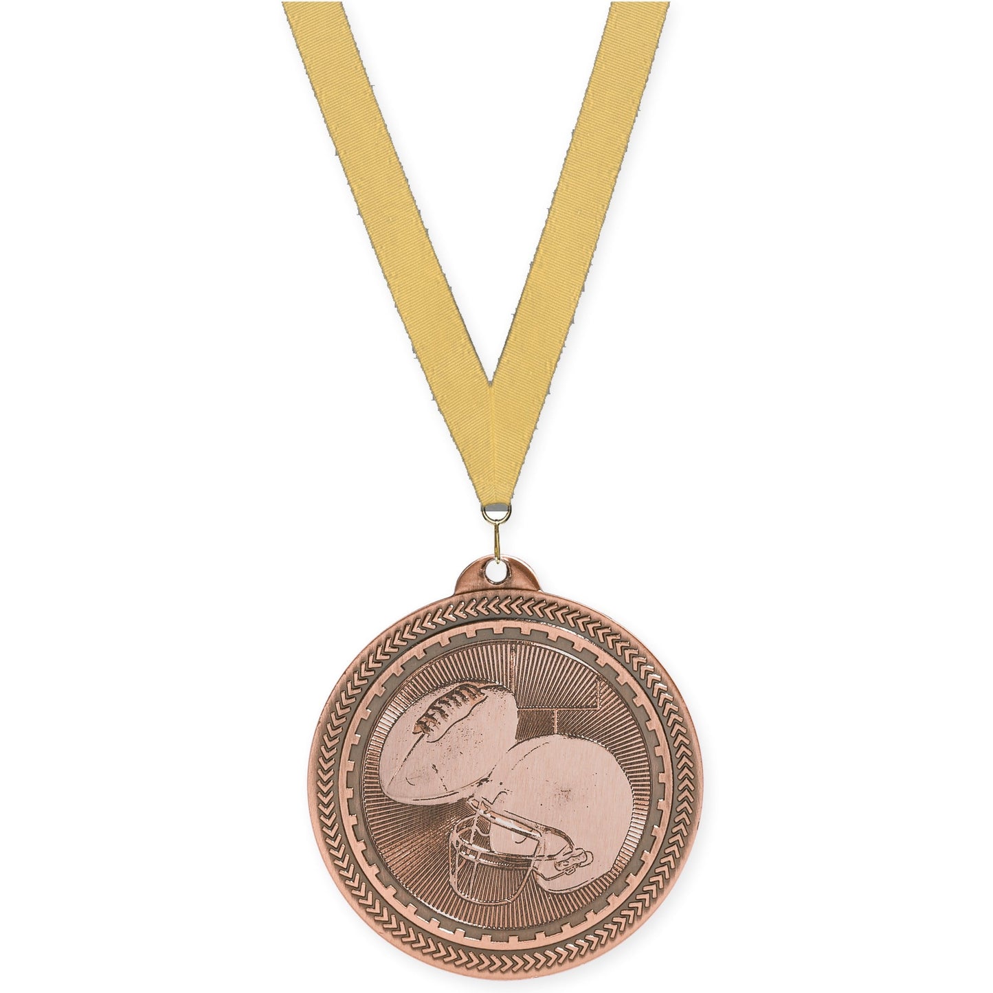 2 inch football Sunburst medal in antique bronze with Gold Metallic neck ribbon