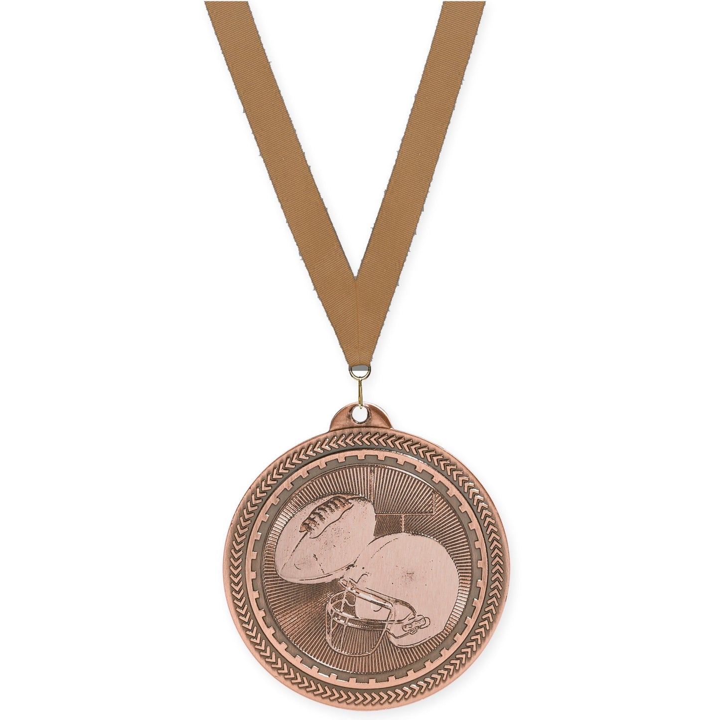 2 inch football Sunburst medal in antique bronze with Bronze Metallic neck ribbon