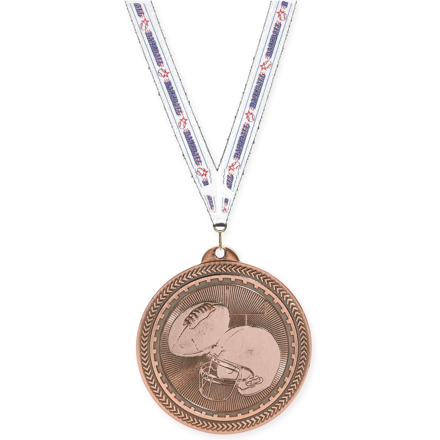 2 inch football Sunburst medal in antique bronze with Baseball neck ribbon