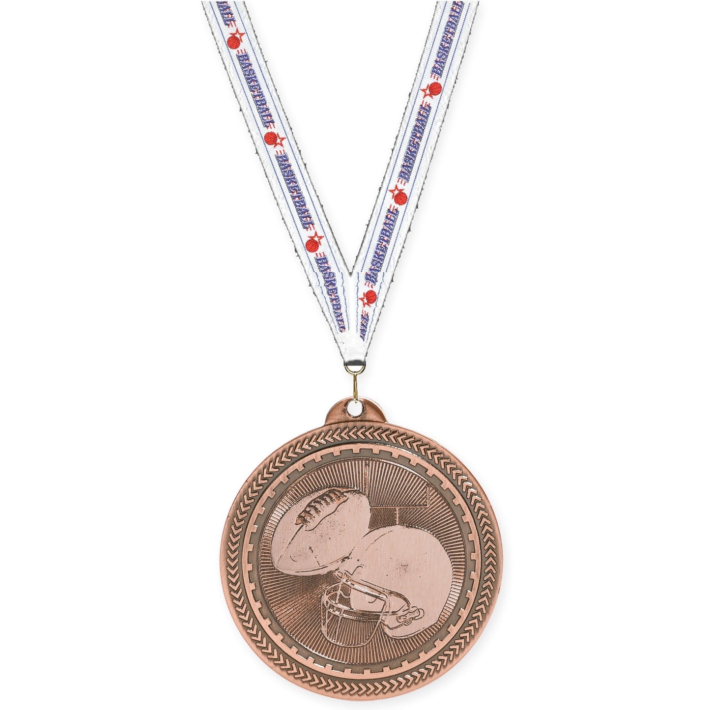 2 inch football Sunburst medal in antique bronze with Basketball neck ribbon