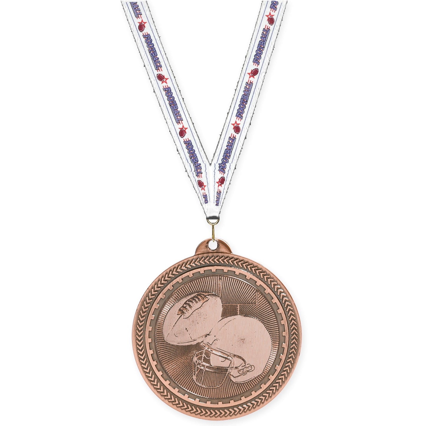 2 inch football Sunburst medal in antique bronze with Football neck ribbon