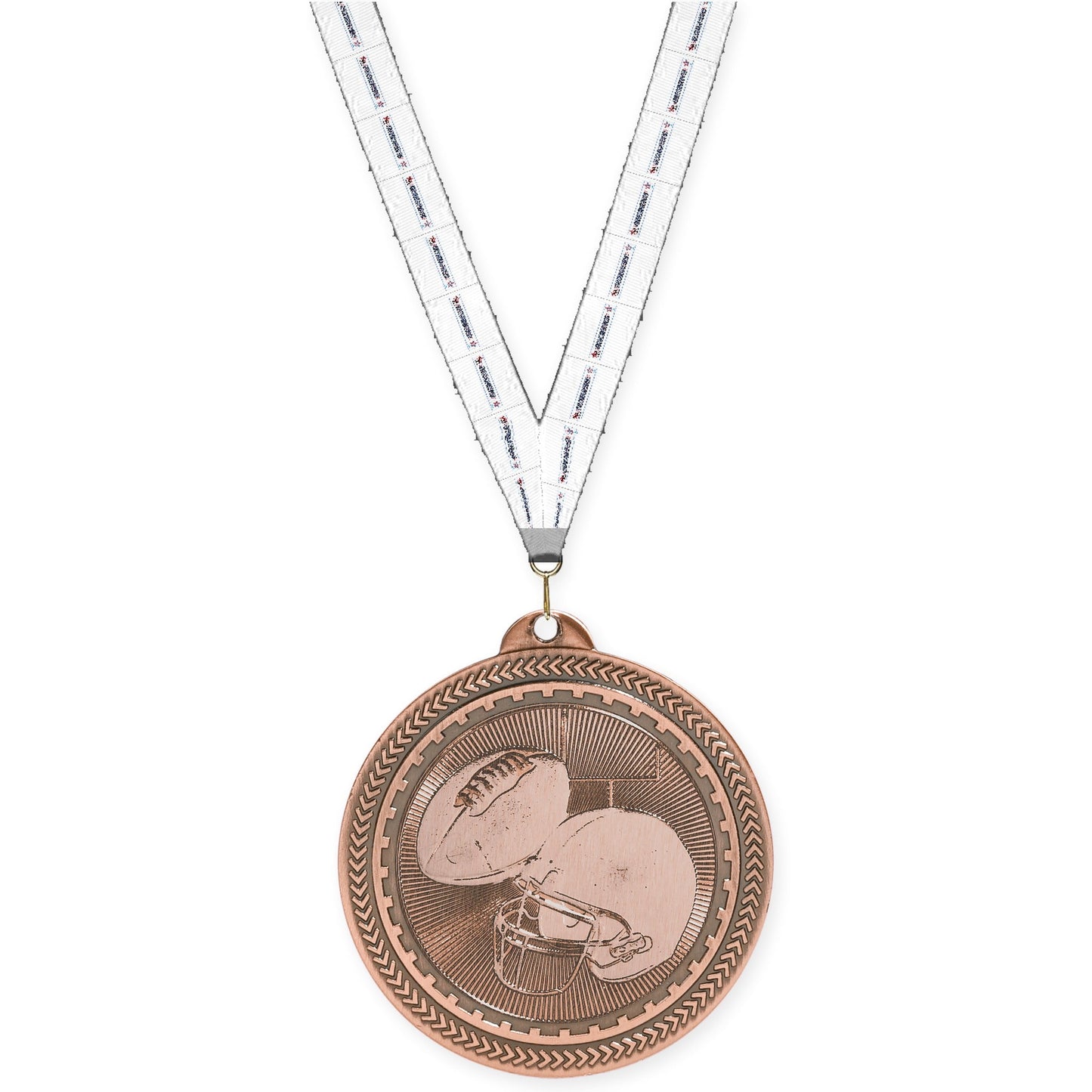 2 inch football Sunburst medal in antique bronze with Gymnastics neck ribbon