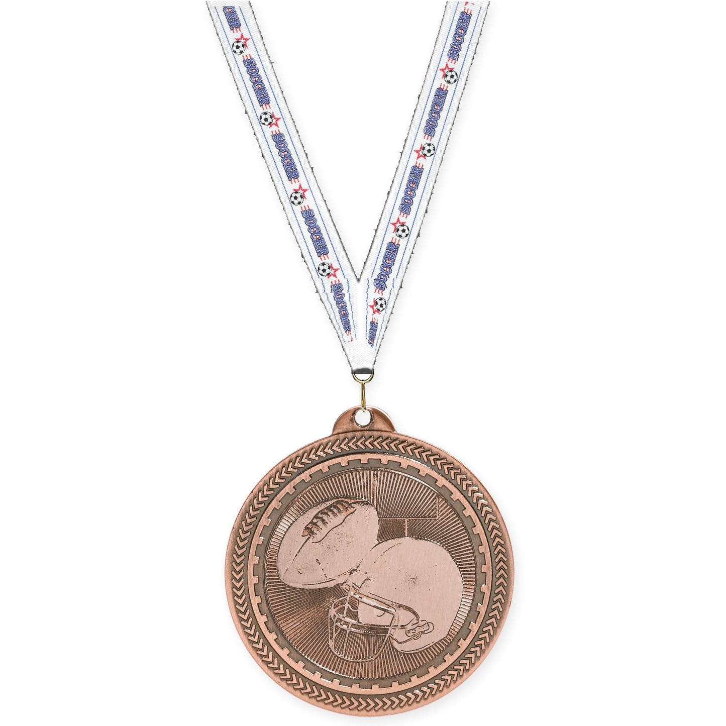 2 inch football Sunburst medal in antique bronze with Soccer neck ribbon