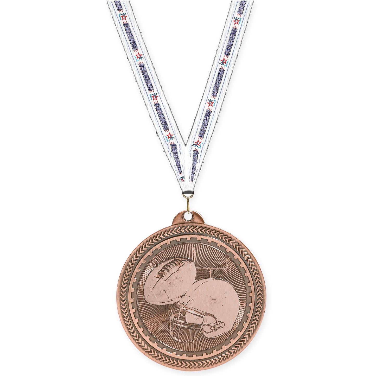 2 inch football Sunburst medal in antique bronze with Swimming neck ribbon