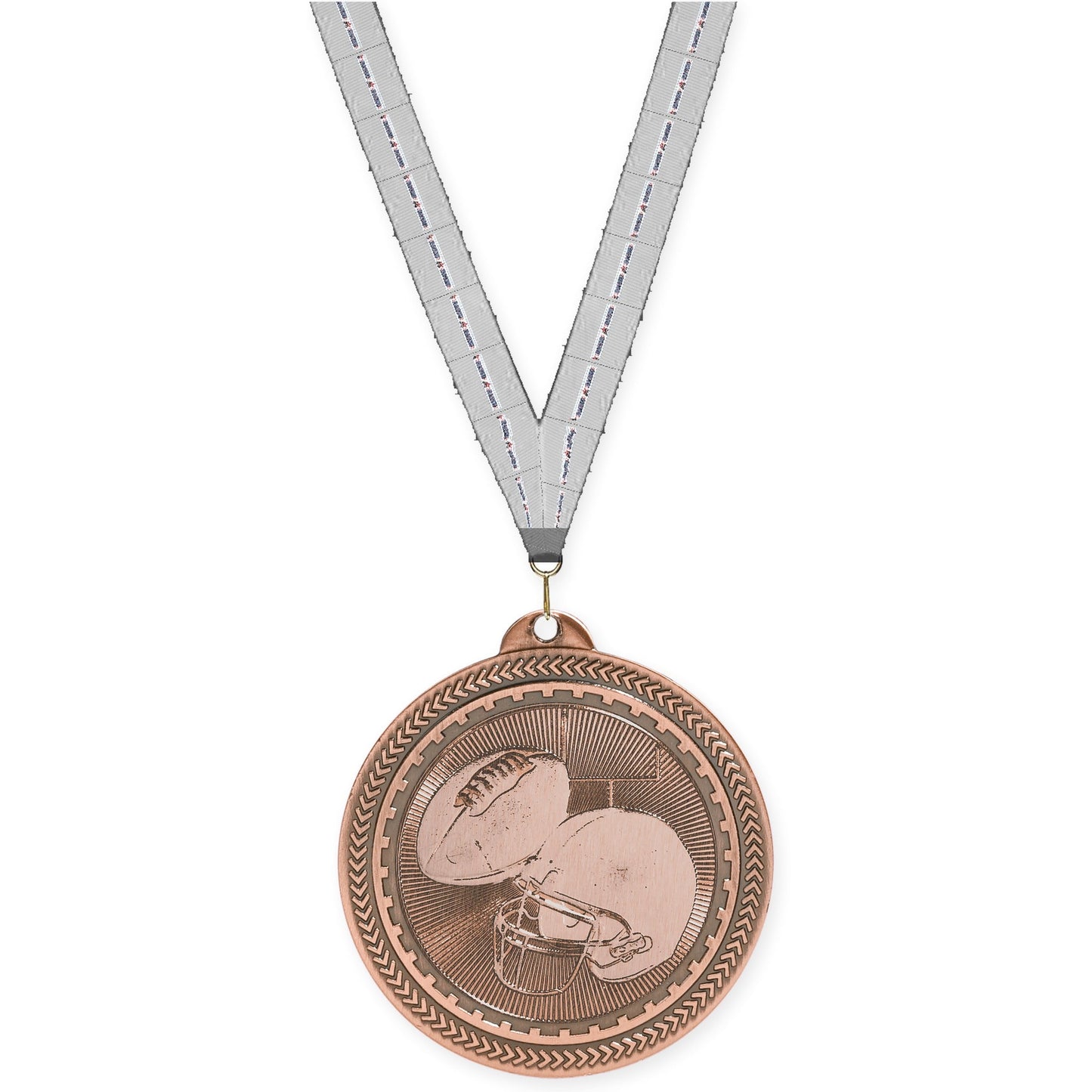 2 inch football Sunburst medal in antique bronze with Auto Racing neck ribbon