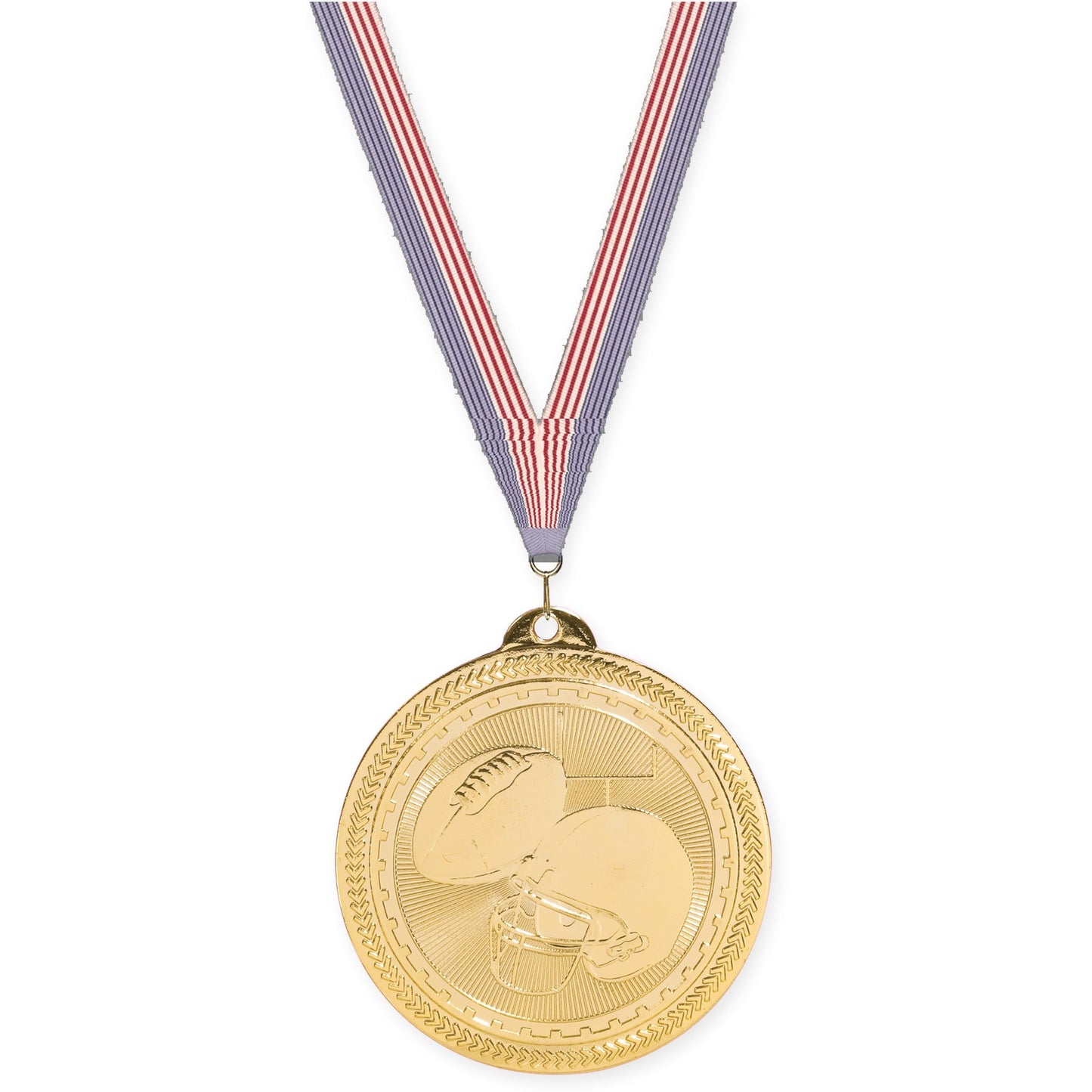 2 inch football Sunburst medal in bright gold with USA Flag neck ribbon