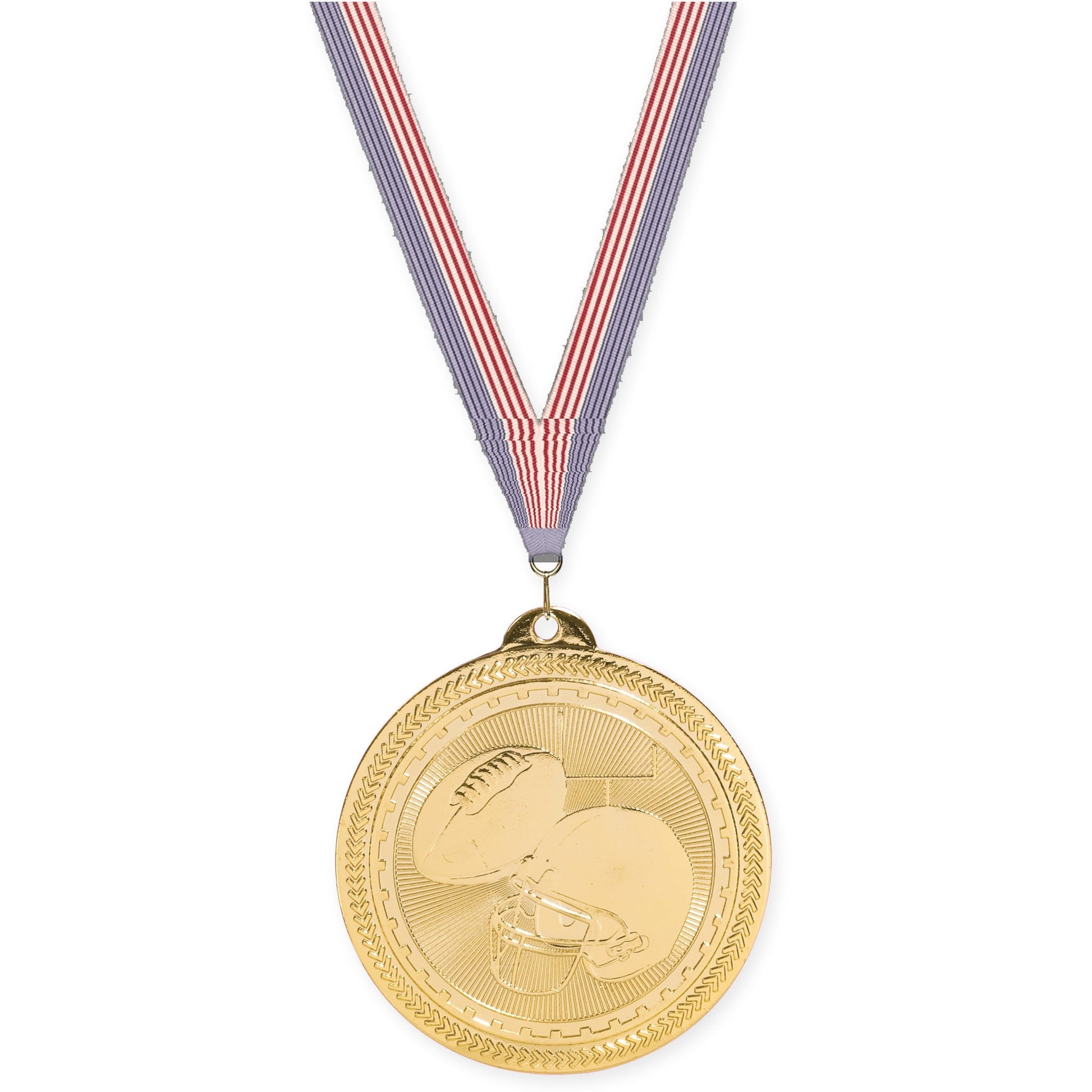2 inch football Sunburst medal in bright gold with USA Flag neck ribbon