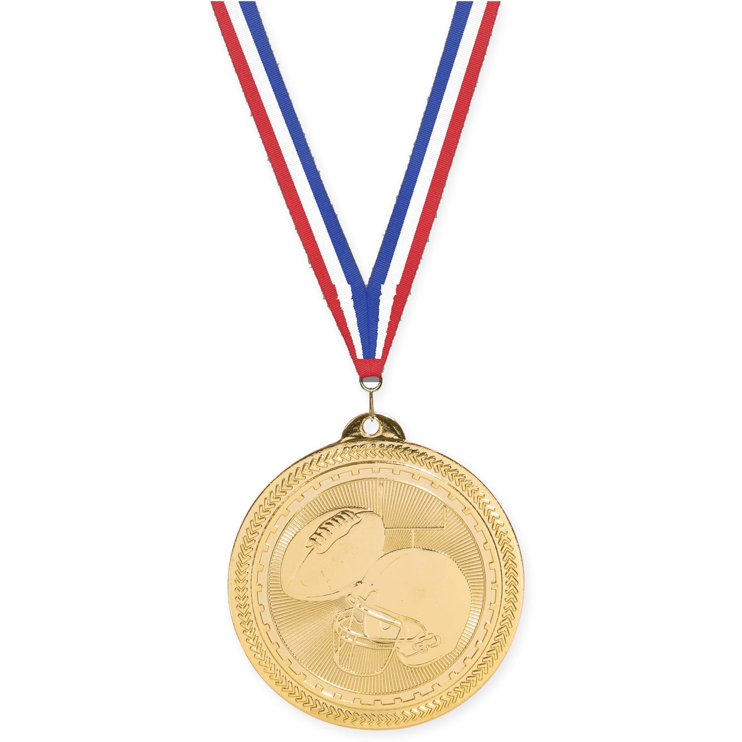 2 inch football Sunburst medal in bright gold with Red White Blue neck ribbon