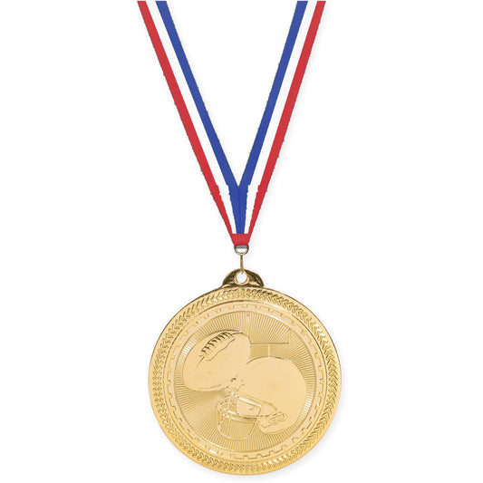 2 inch football Sunburst medal in bright gold with Red White Blue neck ribbon