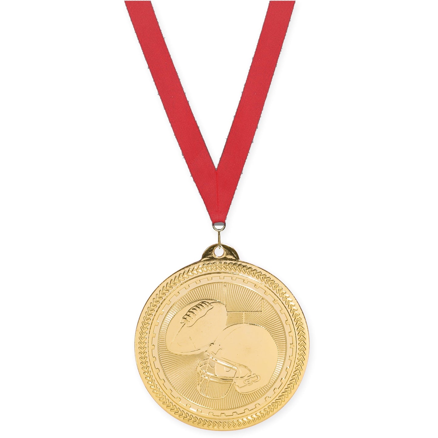 2 inch football Sunburst medal in bright gold with Red neck ribbon