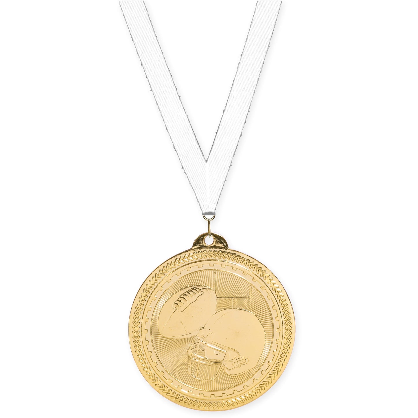 2 inch football Sunburst medal in bright gold with White neck ribbon