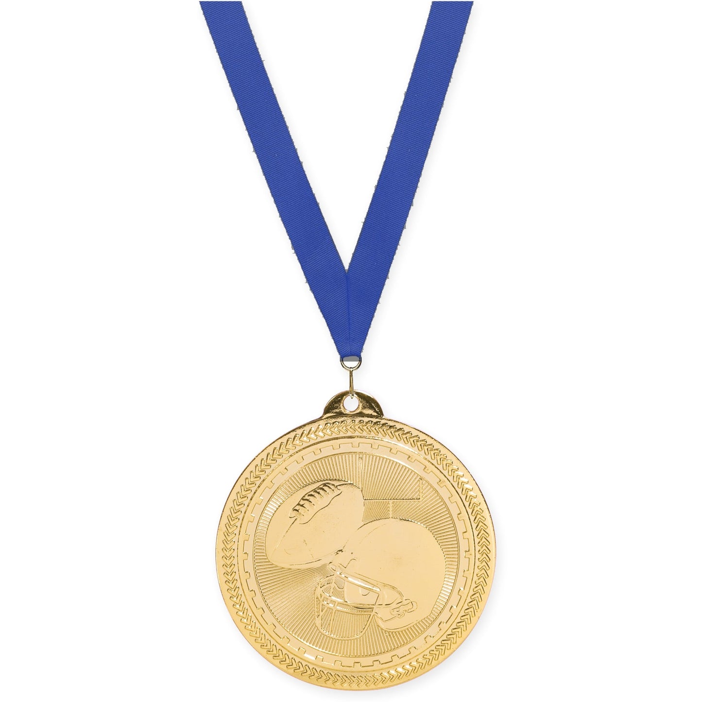 2 inch football Sunburst medal in bright gold with Blue neck ribbon