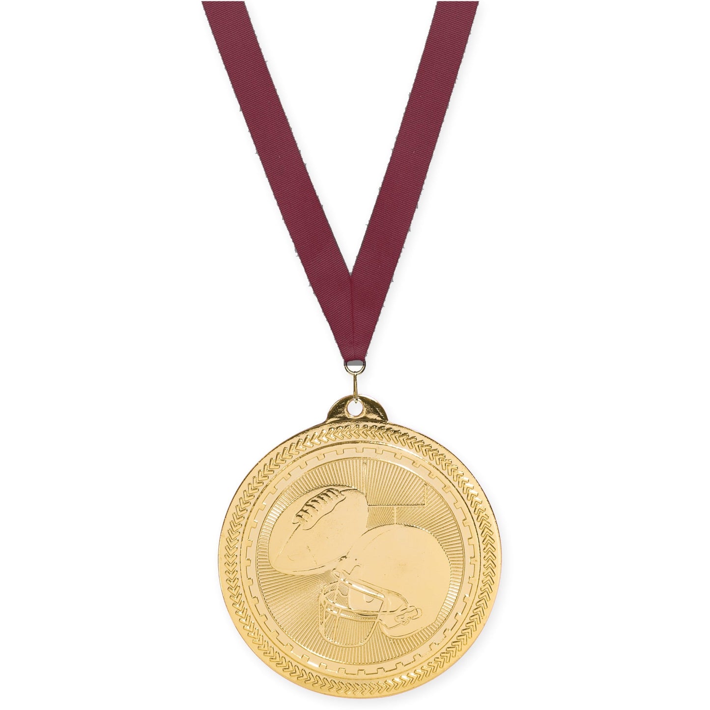 2 inch football Sunburst medal in bright gold with Maroon neck ribbon