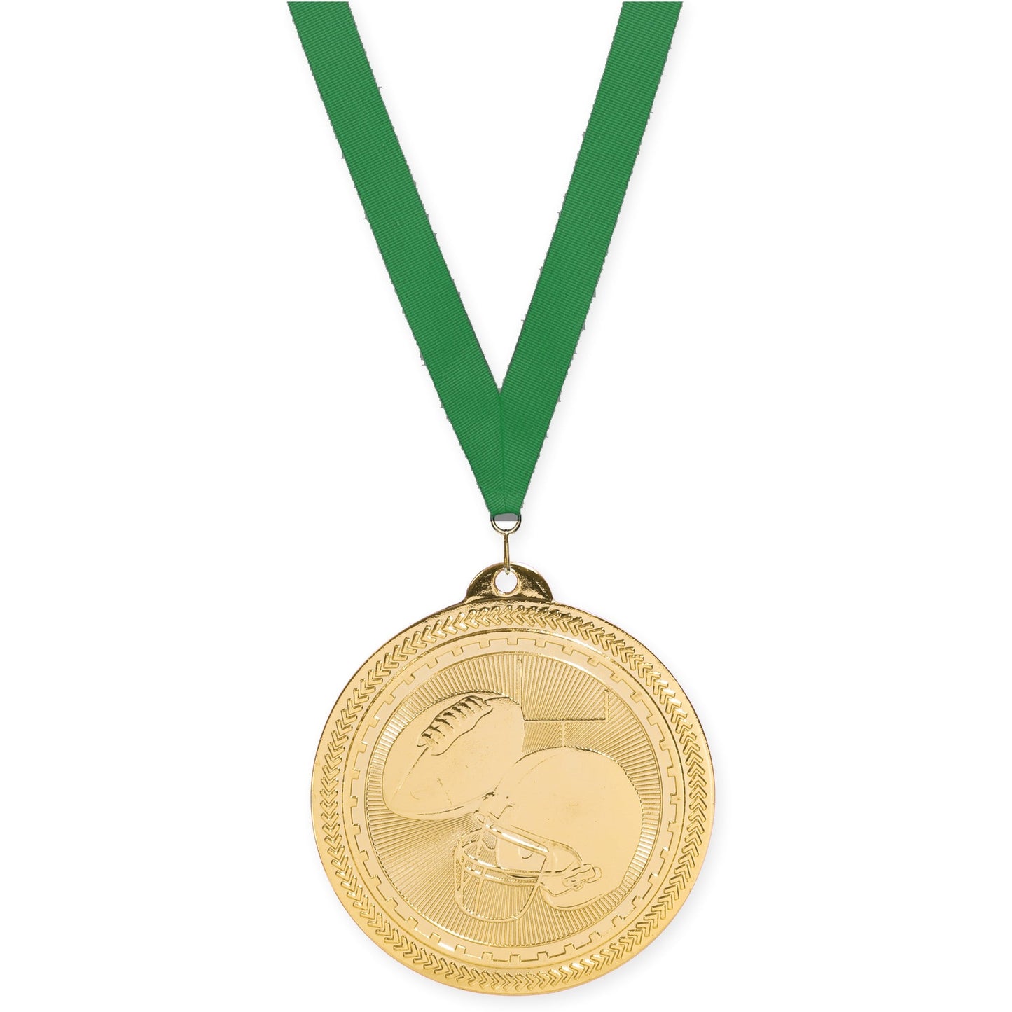 2 inch football Sunburst medal in bright gold with Green neck ribbon