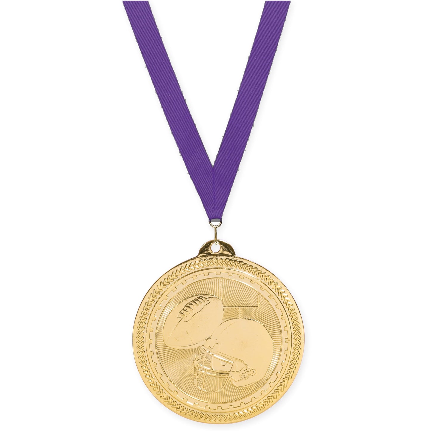 2 inch football Sunburst medal in bright gold with Purple neck ribbon