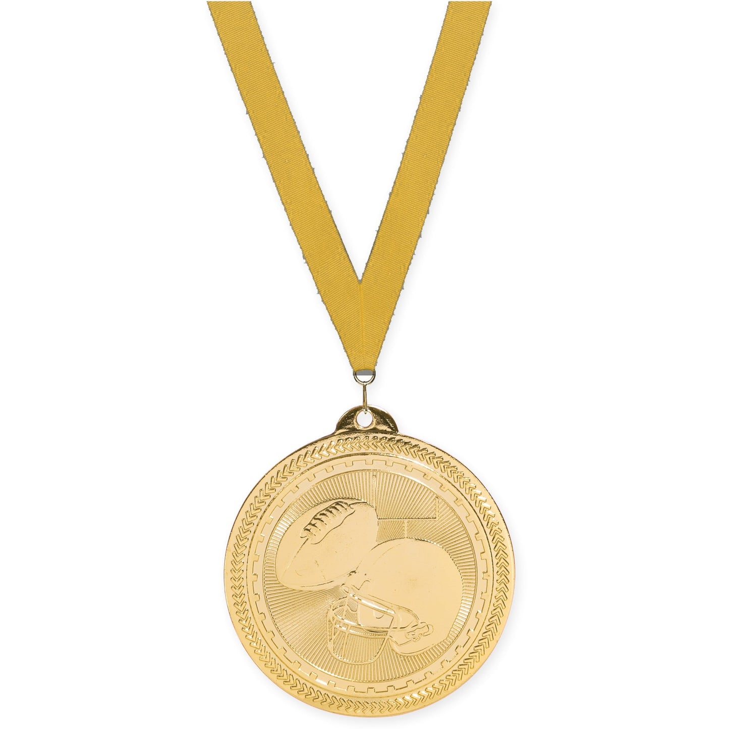 2 inch football Sunburst medal in bright gold with Gold neck ribbon