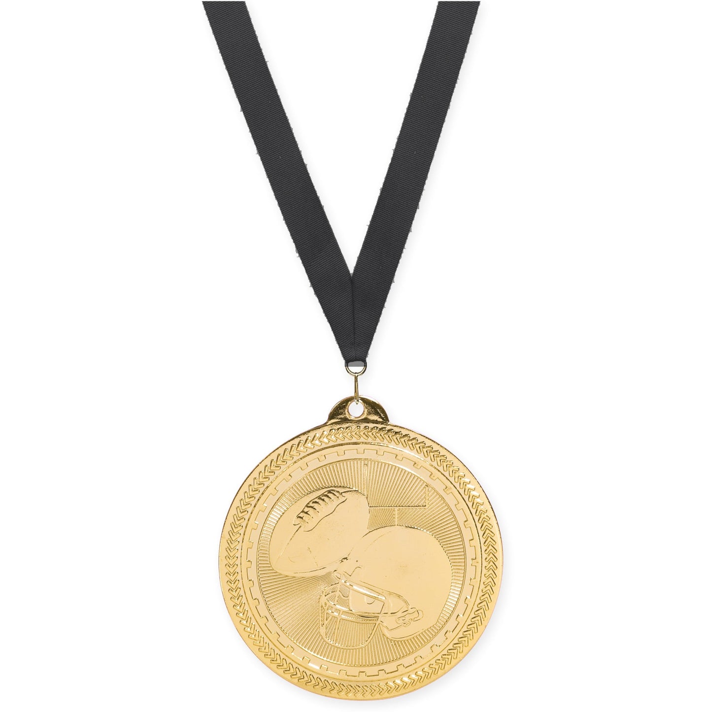 2 inch football Sunburst medal in bright gold with Black neck ribbon