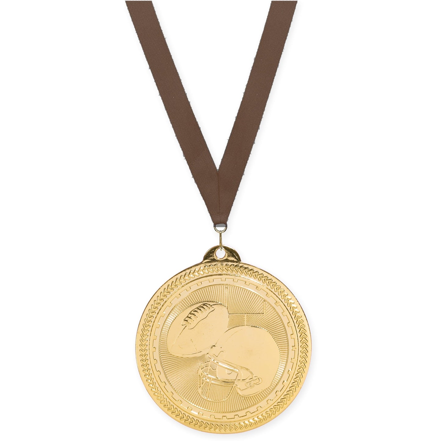 2 inch football Sunburst medal in bright gold with Brown neck ribbon