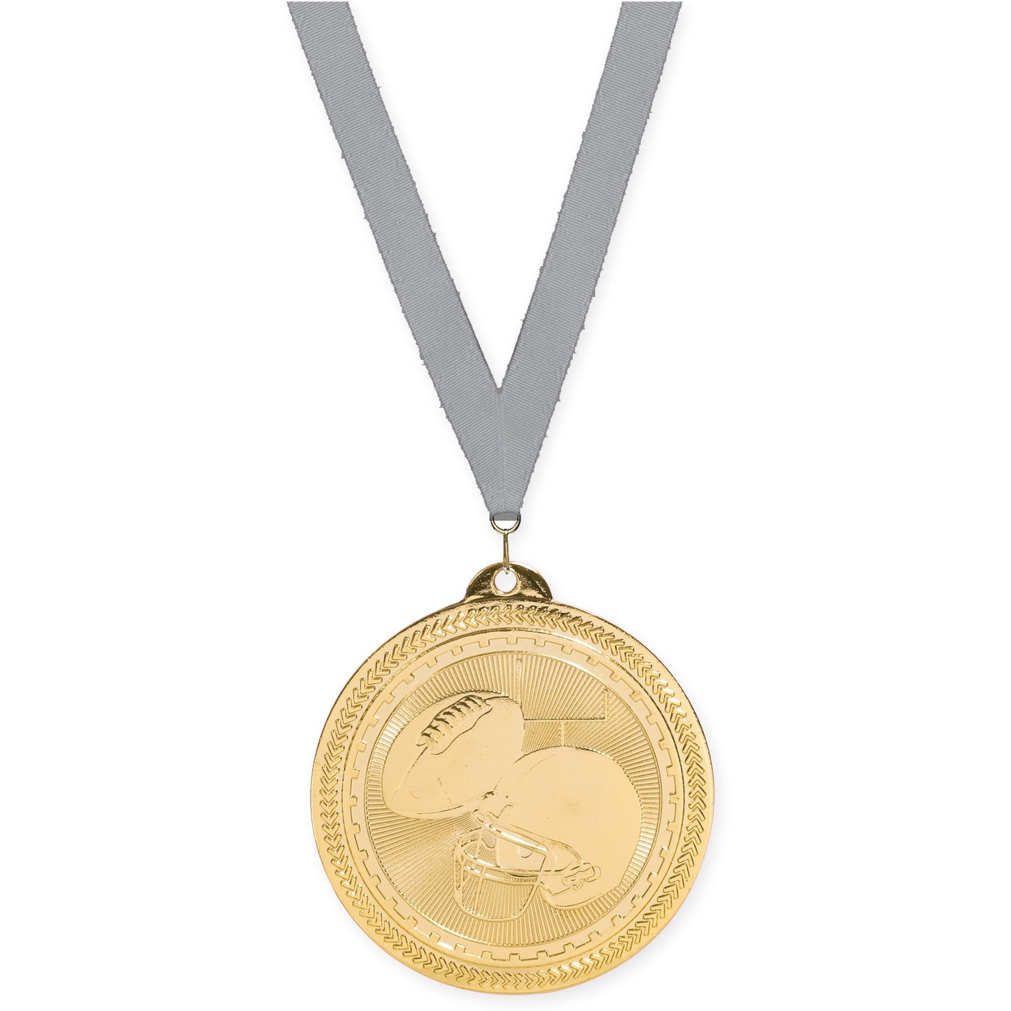 2 inch football Sunburst medal in bright gold with Gray neck ribbon