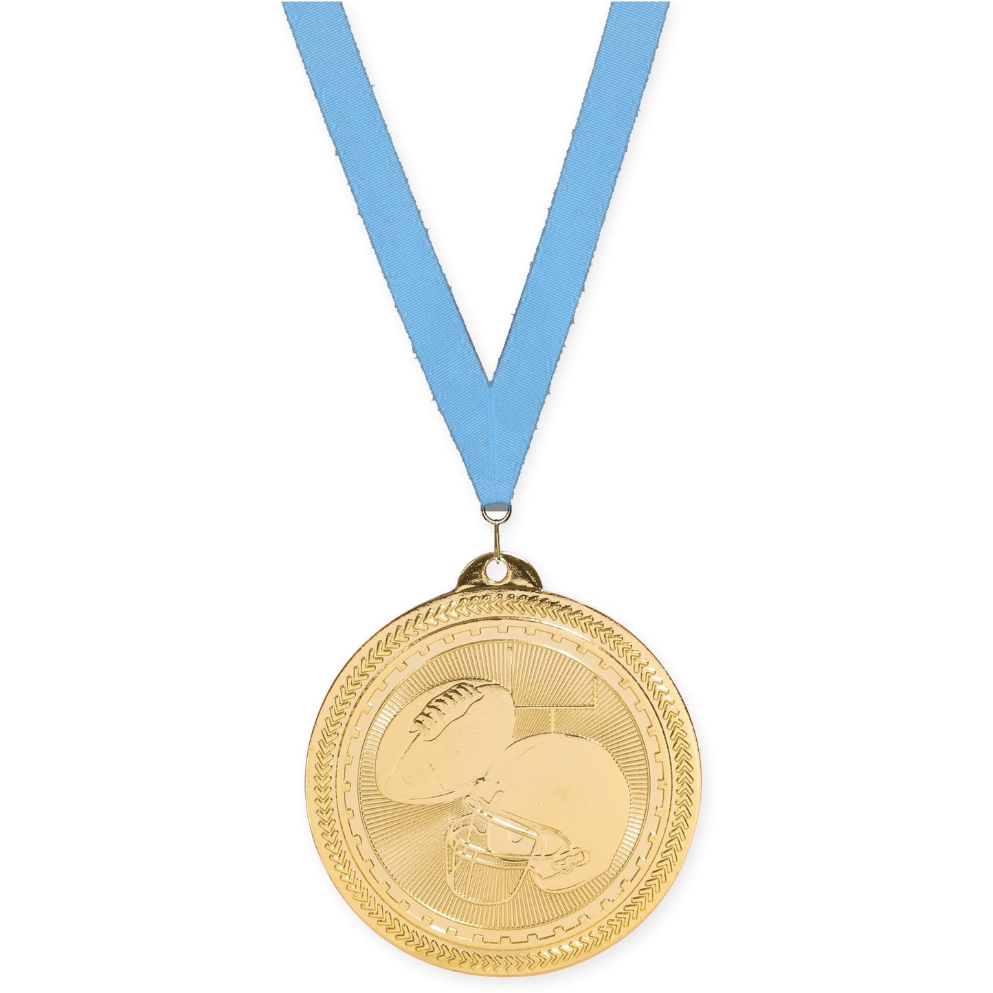 2 inch football Sunburst medal in bright gold with Light Blue neck ribbon