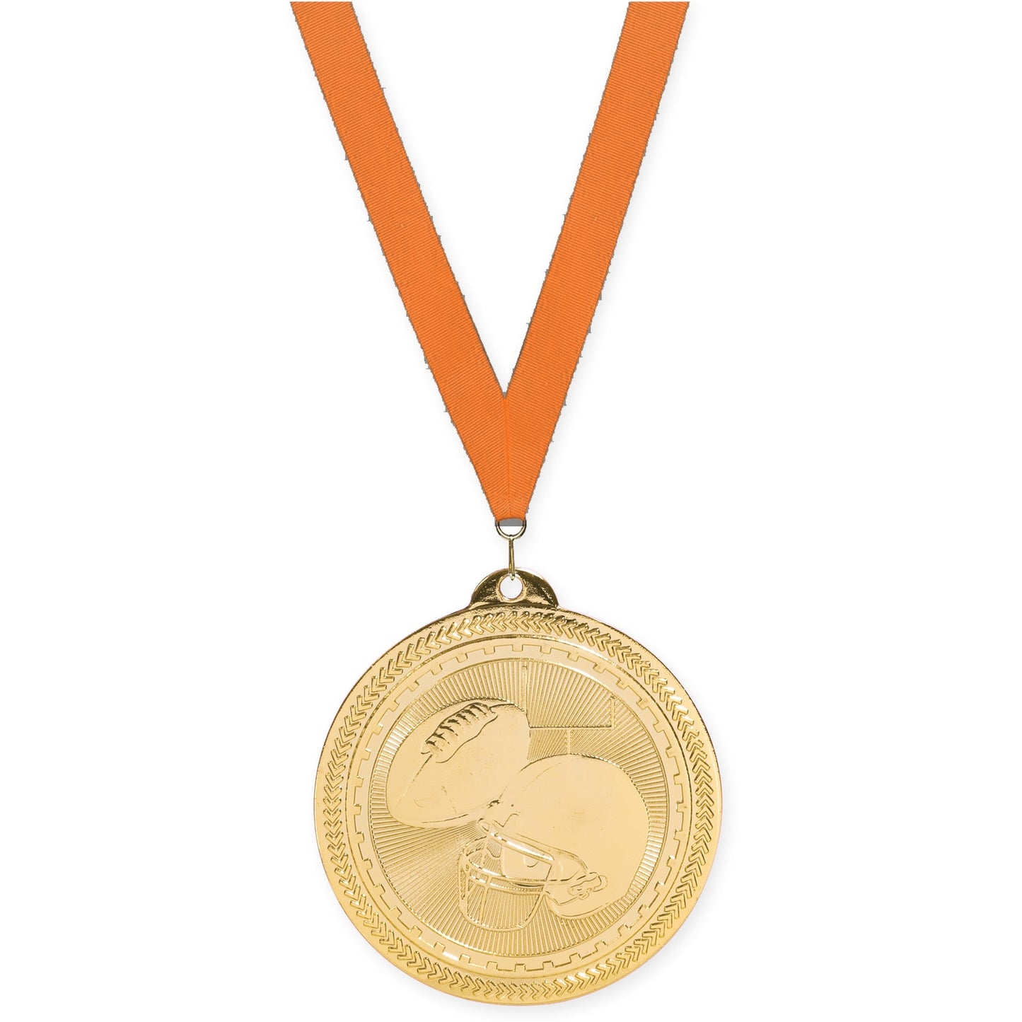 2 inch football Sunburst medal in bright gold with Orange neck ribbon