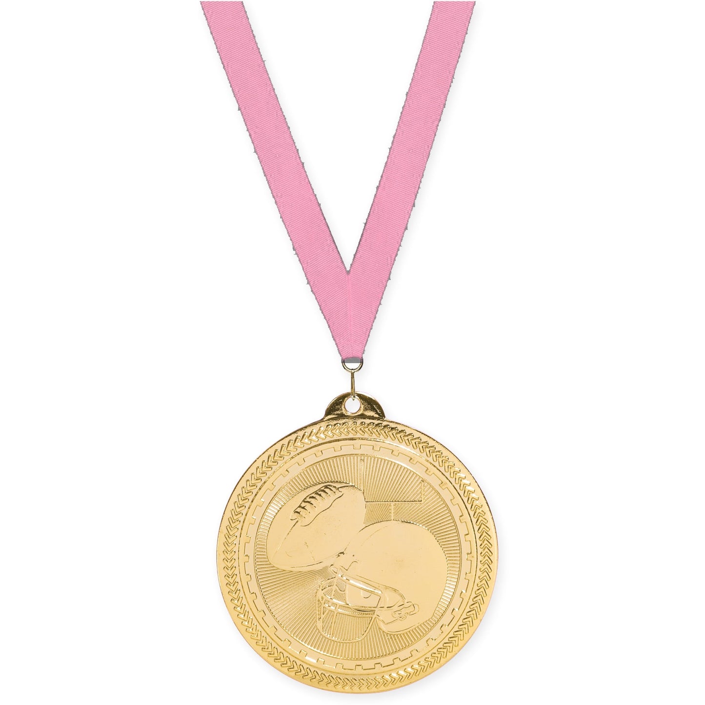 2 inch football Sunburst medal in bright gold with Pink neck ribbon