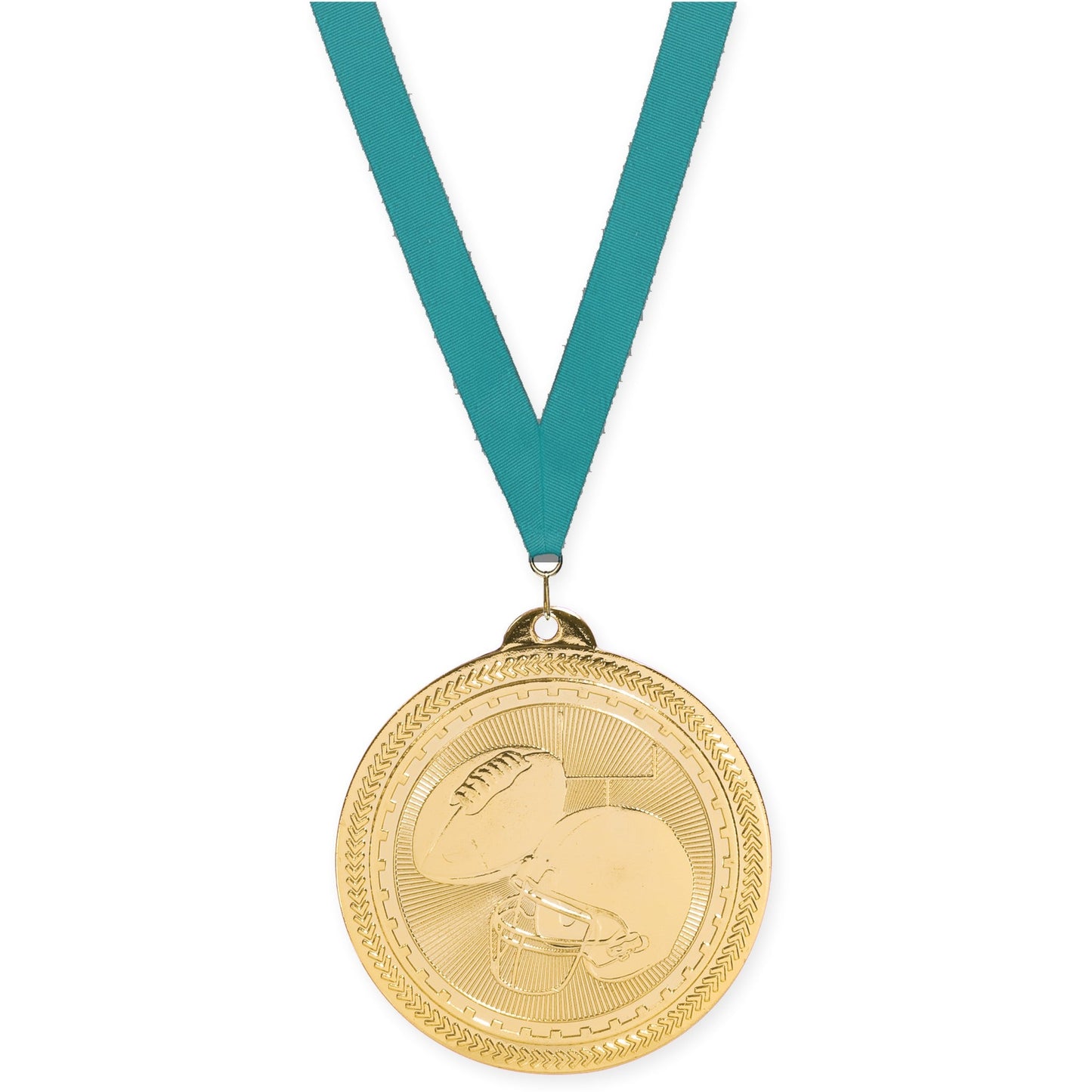 2 inch football Sunburst medal in bright gold with Teal neck ribbon
