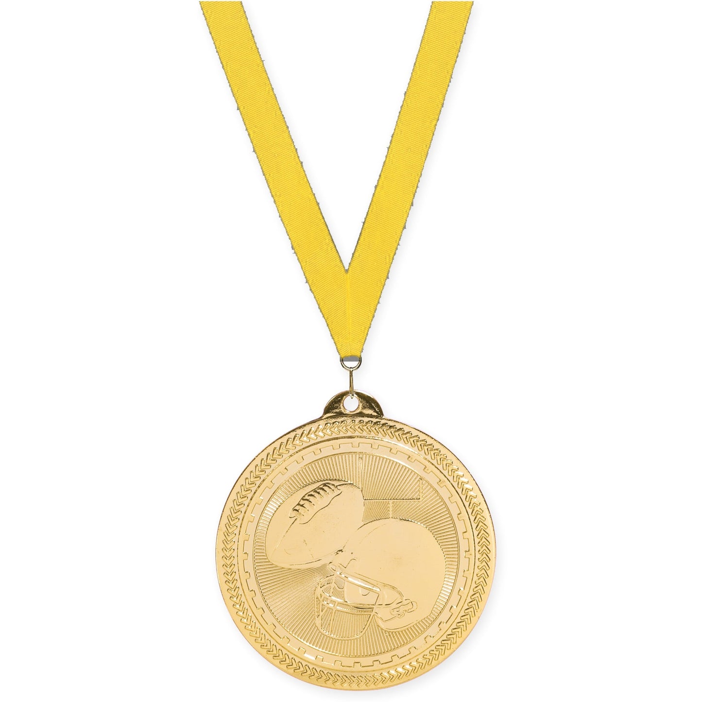 2 inch football Sunburst medal in bright gold with Yellow neck ribbon