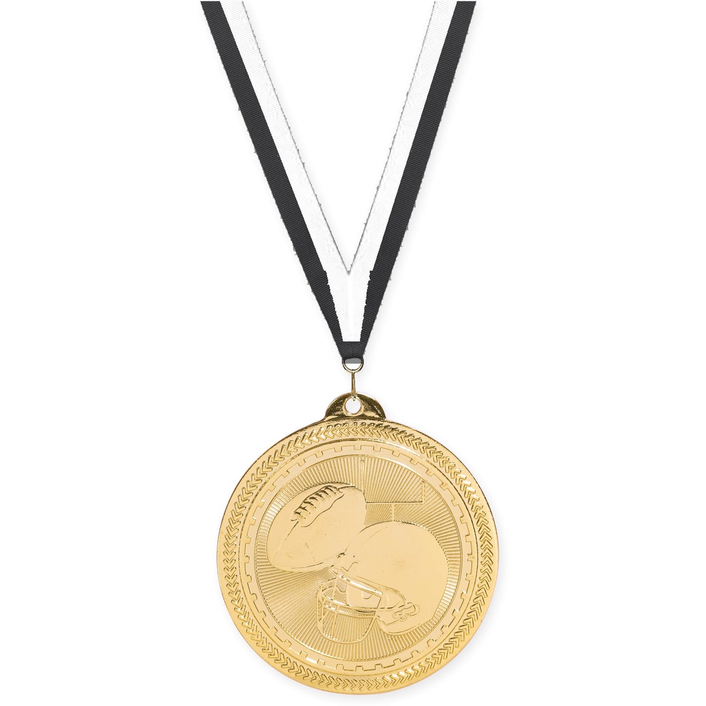 2 inch football Sunburst medal in bright gold with Black White neck ribbon