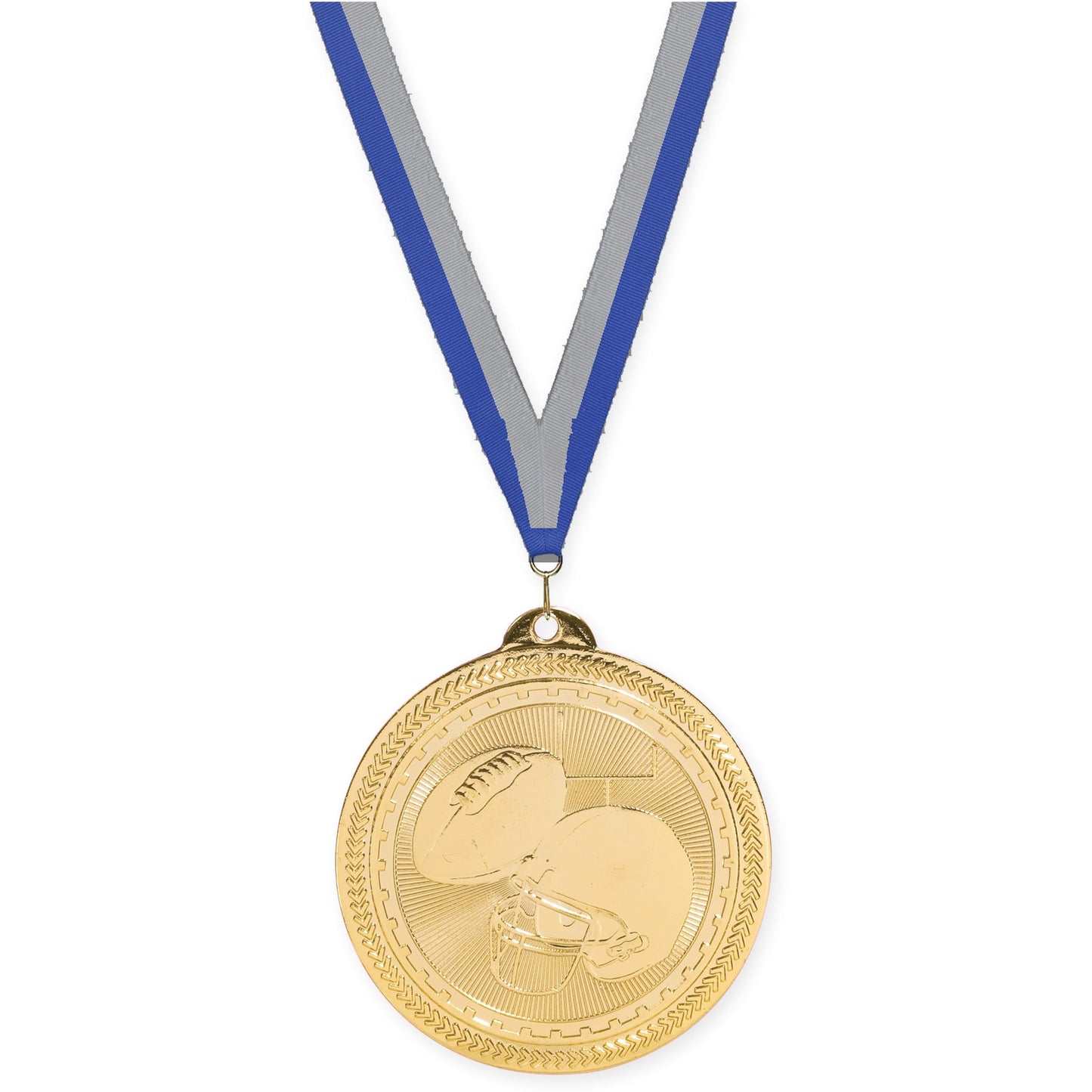 2 inch football Sunburst medal in bright gold with Blue Gray neck ribbon