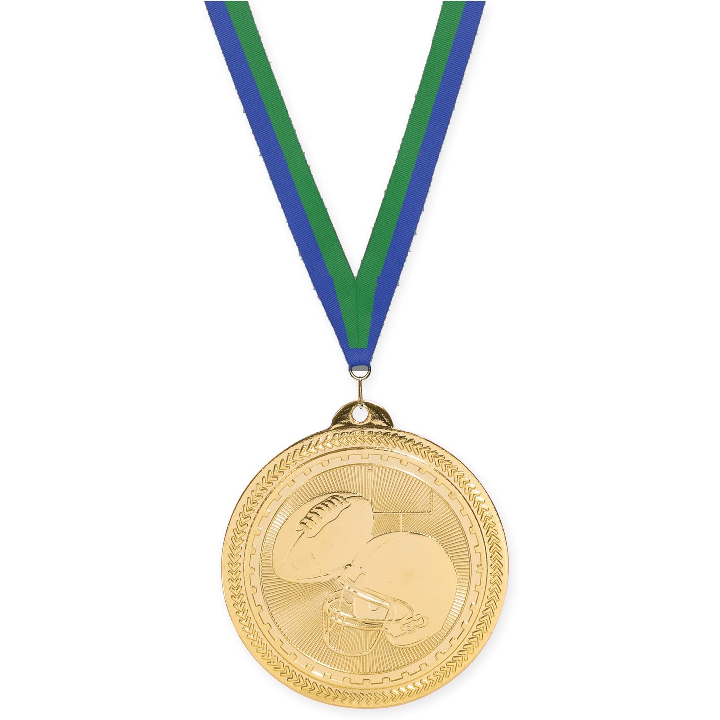 2 inch football Sunburst medal in bright gold with Blue Green neck ribbon