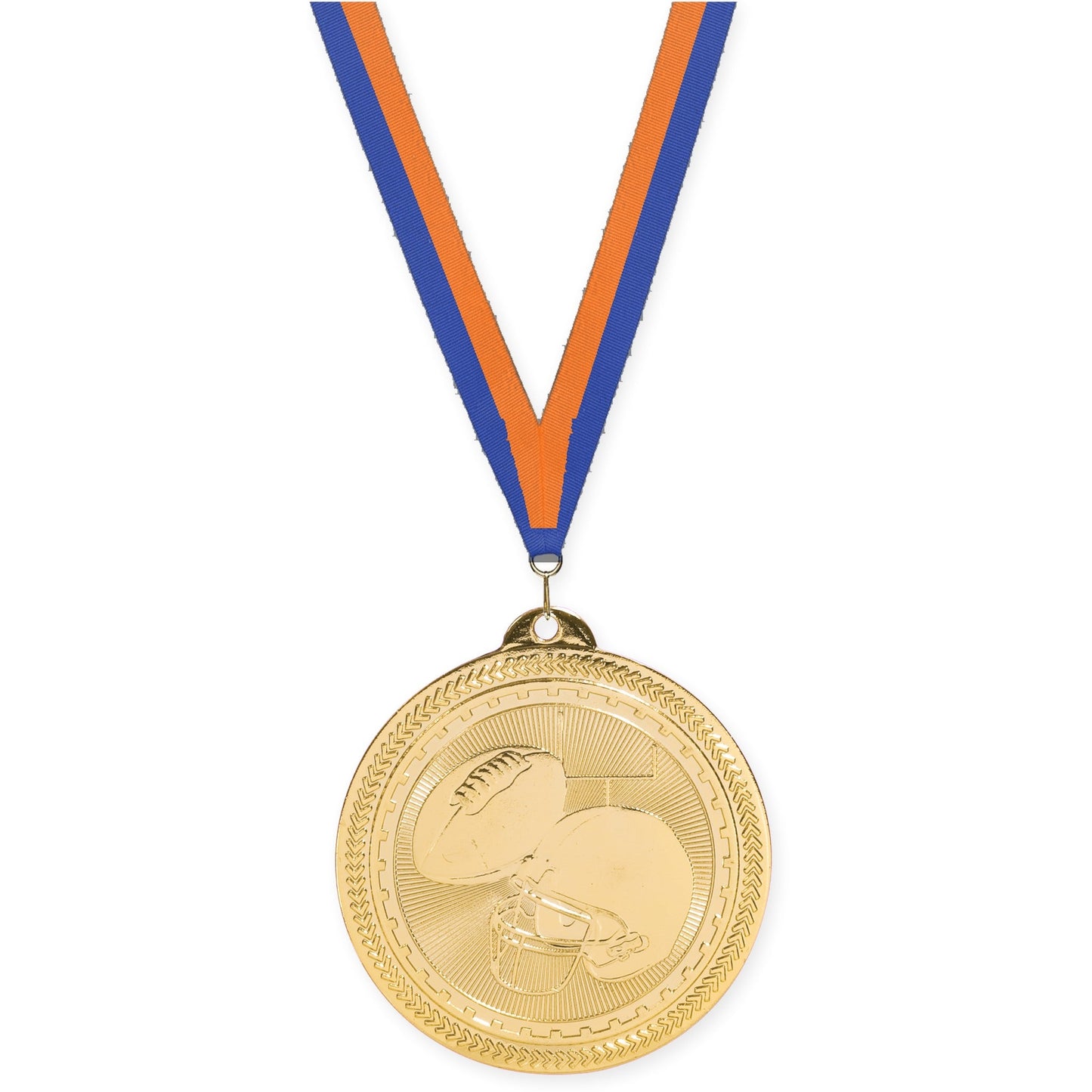 2 inch football Sunburst medal in bright gold with Blue Orange neck ribbon
