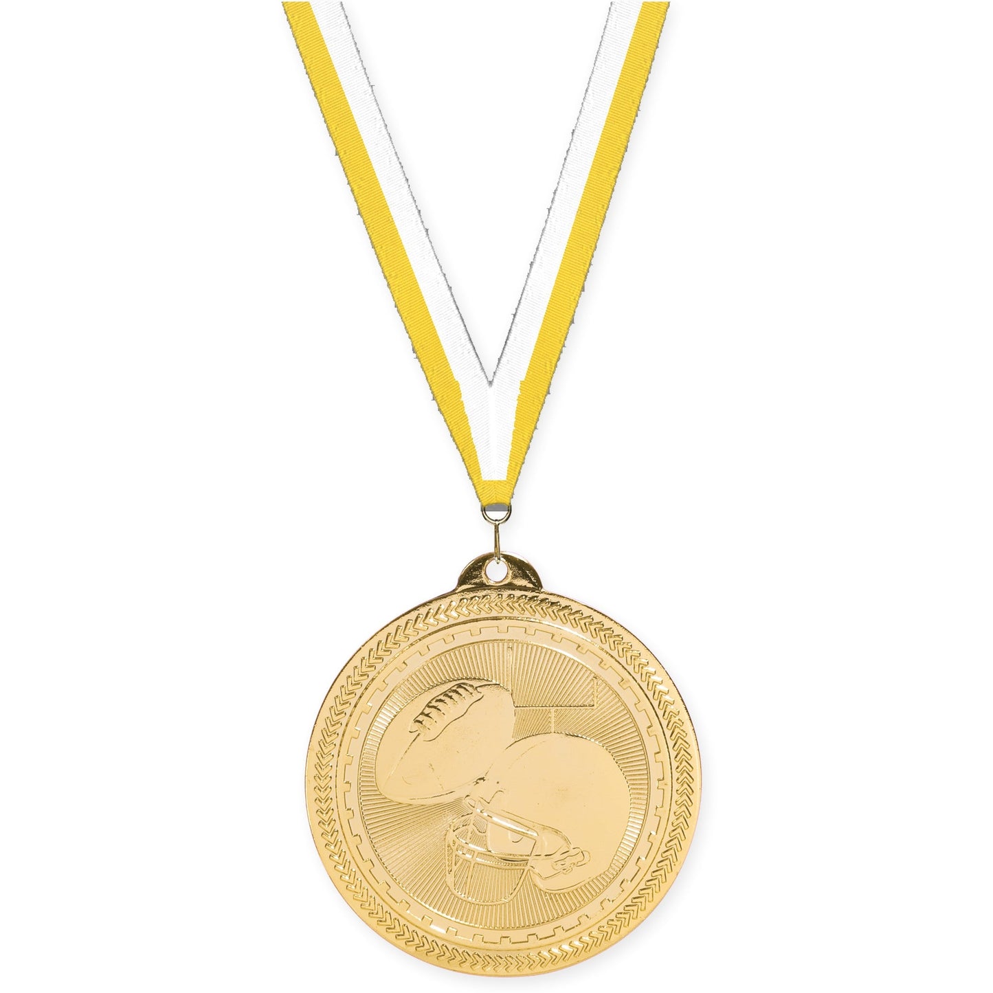 2 inch football Sunburst medal in bright gold with Yellow White neck ribbon