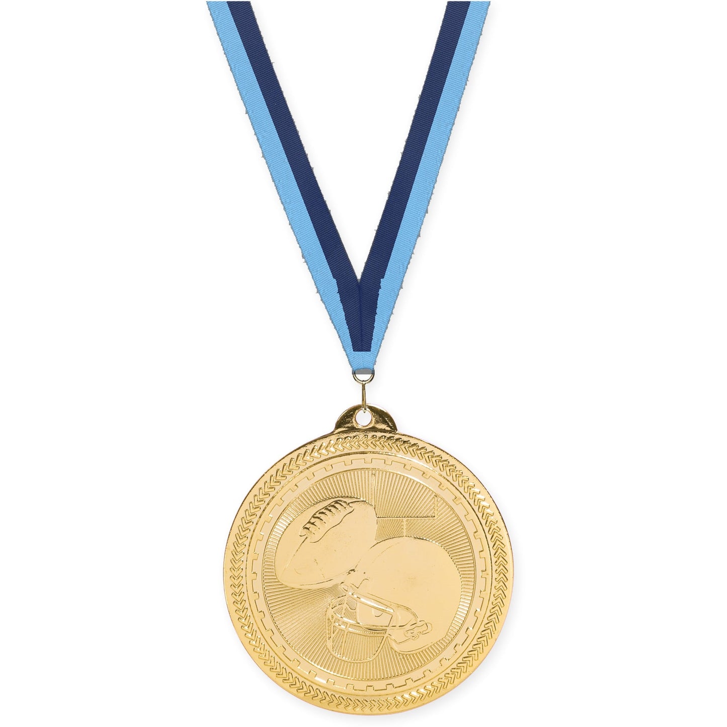 2 inch football Sunburst medal in bright gold with Light Blue Navy neck ribbon
