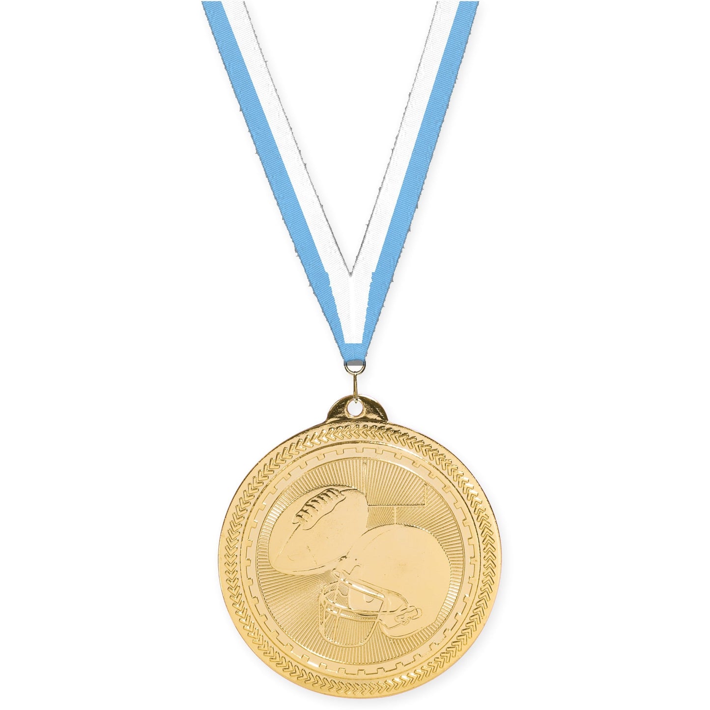2 inch football Sunburst medal in bright gold with Light Blue White neck ribbon