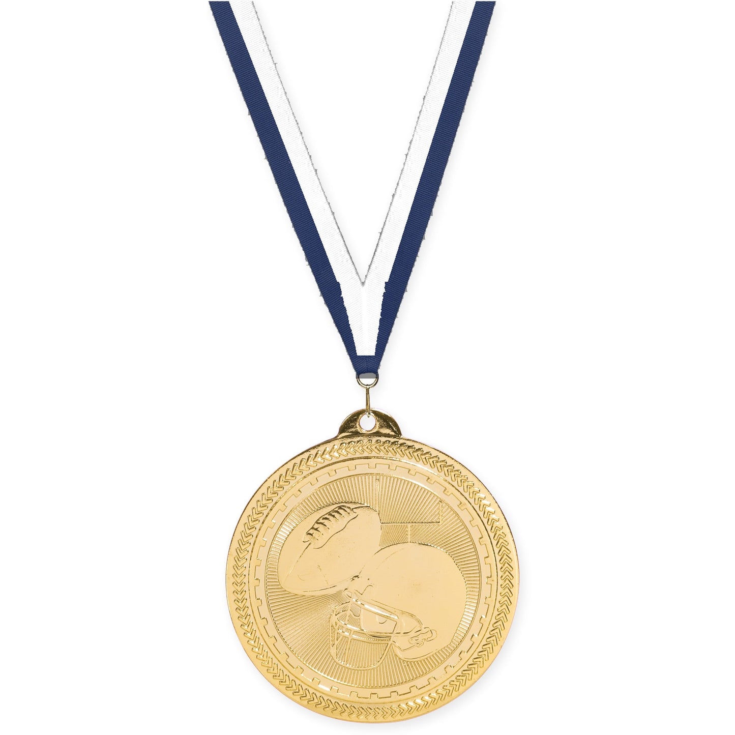 2 inch football Sunburst medal in bright gold with Navy White neck ribbon