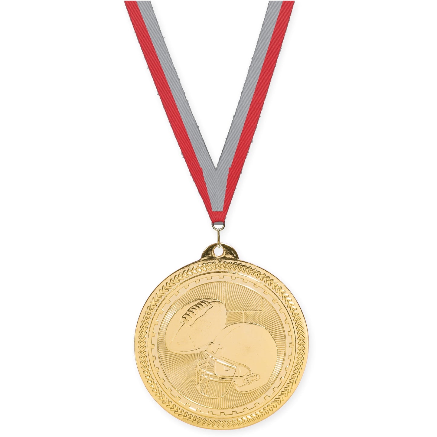2 inch football Sunburst medal in bright gold with Red Gray neck ribbon