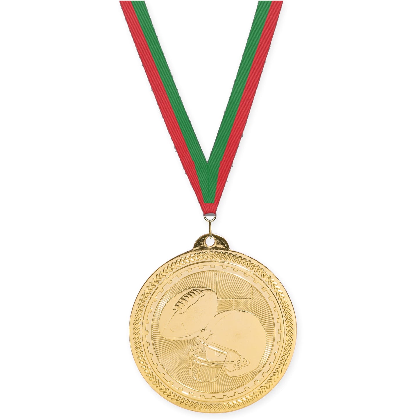 2 inch football Sunburst medal in bright gold with Red Green neck ribbon