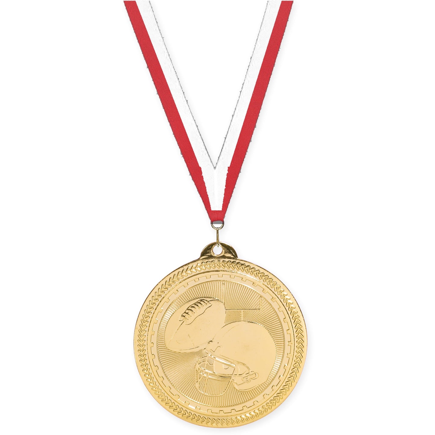 2 inch football Sunburst medal in bright gold with Red White neck ribbon