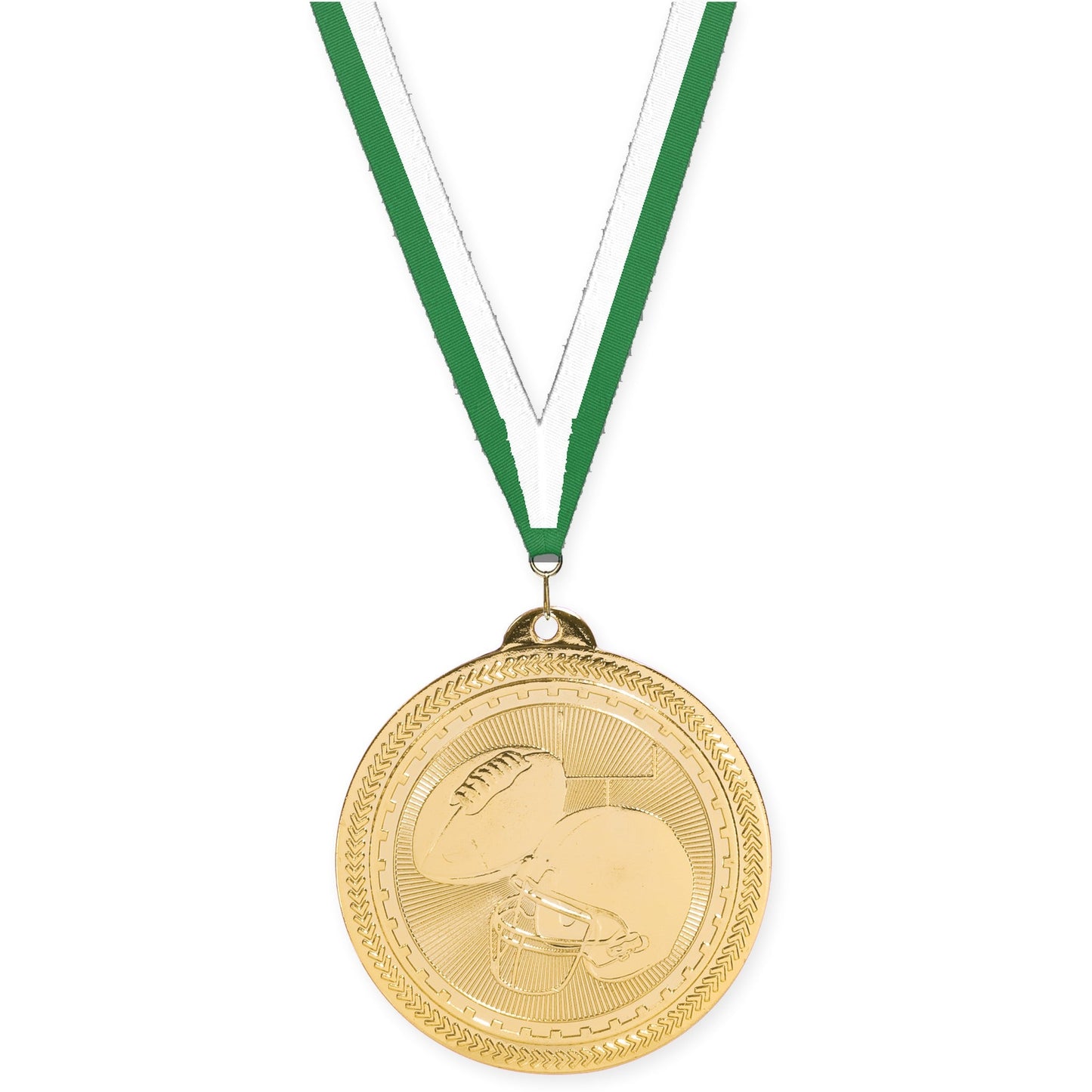 2 inch football Sunburst medal in bright gold with Green White neck ribbon