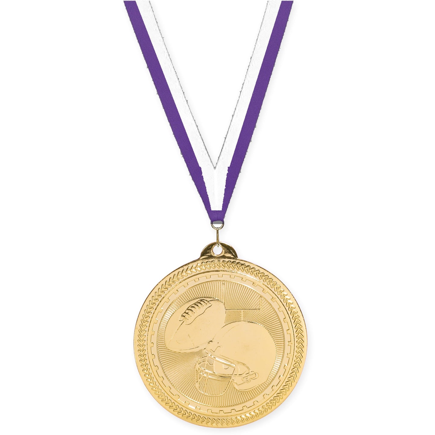 2 inch football Sunburst medal in bright gold with Purple White neck ribbon