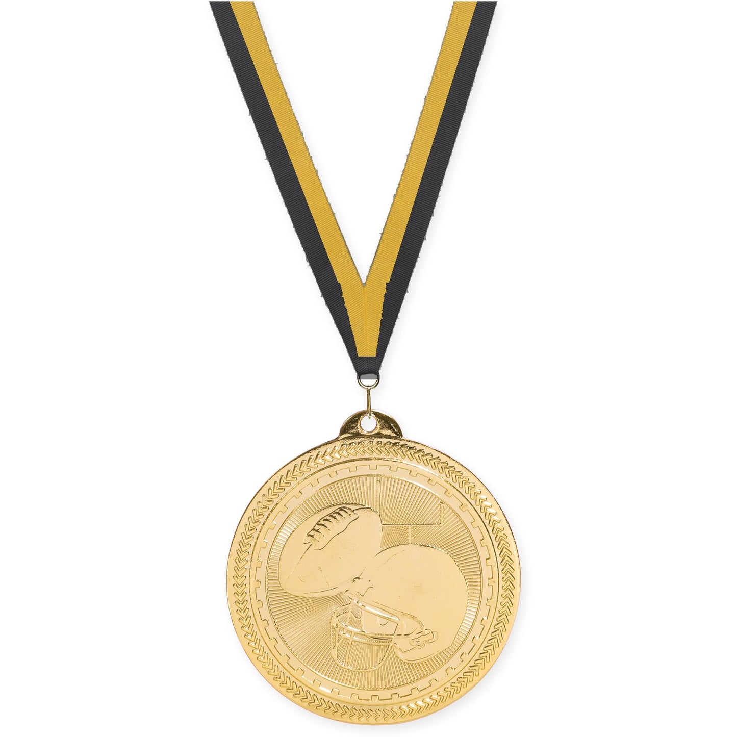 2 inch football Sunburst medal in bright gold with Black Gold neck ribbon