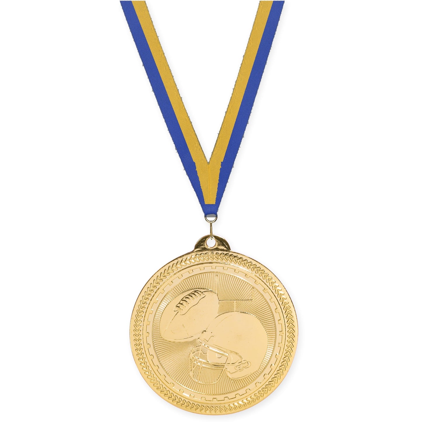 2 inch football Sunburst medal in bright gold with Blue Gold neck ribbon