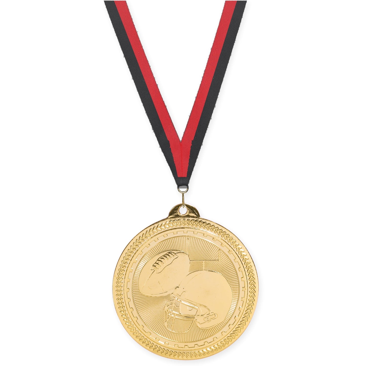 2 inch football Sunburst medal in bright gold with Black Red neck ribbon