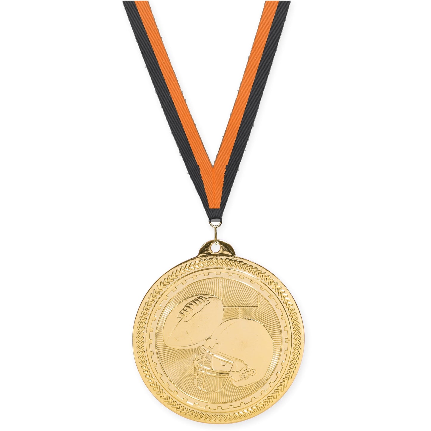 2 inch football Sunburst medal in bright gold with Black Orange neck ribbon